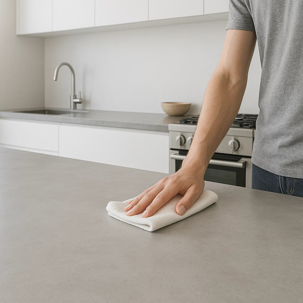 Superficie de microcemento sin manchas y fácil de limpiar en una cocina